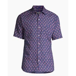 Men’s XL  100% Linen Shirt PETER MILLAR Short Sleeve Blue Best Fronds ShirT